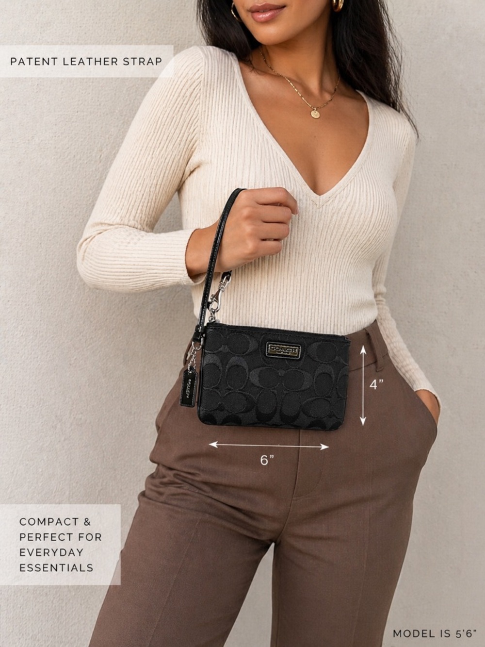 Coach Black Signature Wristlet (F1405) Clutch Pouch with Patent Strap - Hangtag